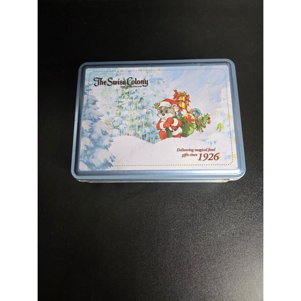 Swiss Colony Christmas Tin 9.5oz Empty Holiday Mouse Design Gift Storage Box